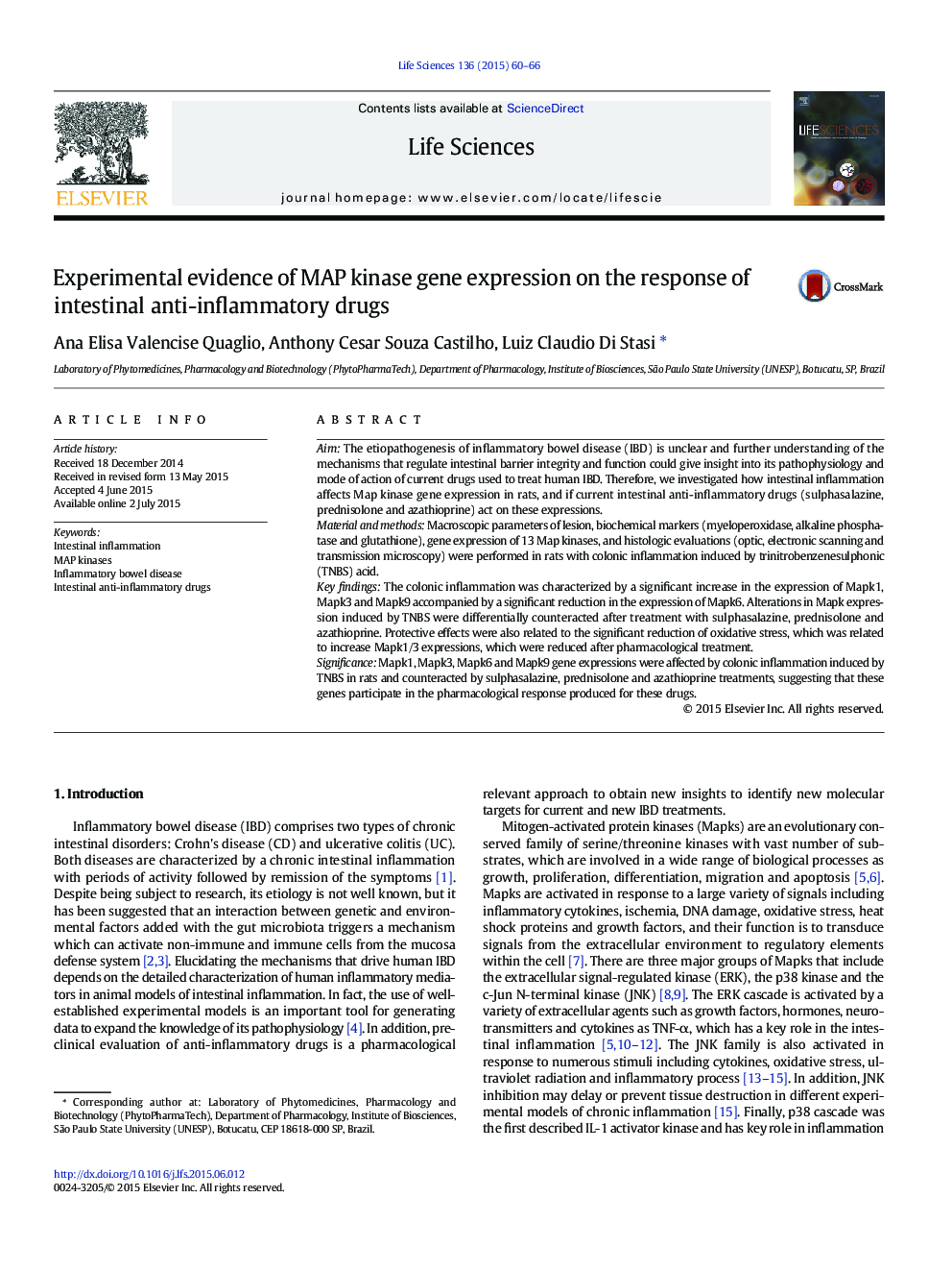 Experimental evidence of MAP kinase gene expression on the response of intestinal anti-inflammatory drugs