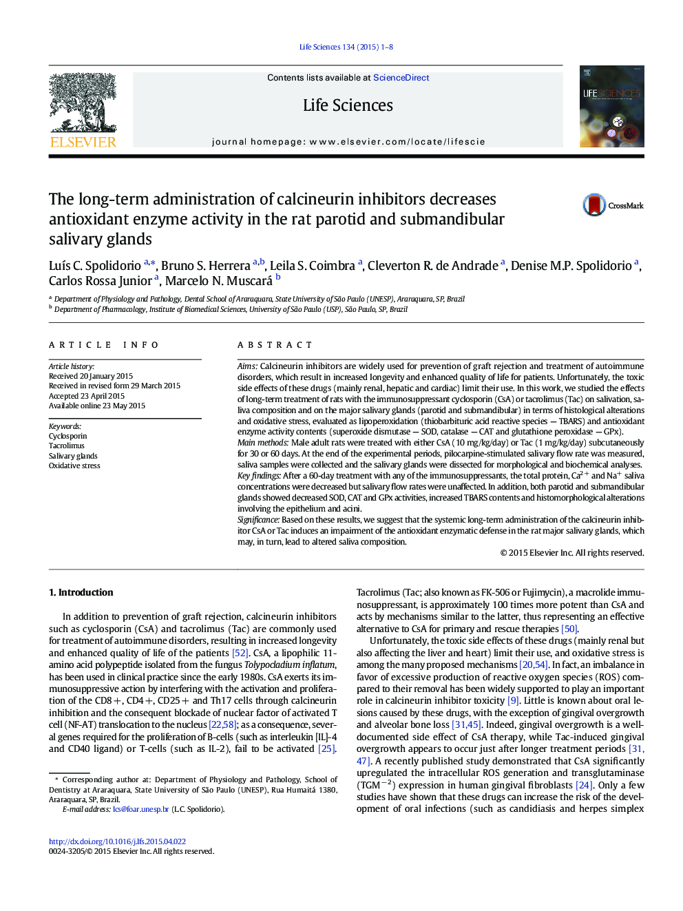 The long-term administration of calcineurin inhibitors decreases antioxidant enzyme activity in the rat parotid and submandibular salivary glands