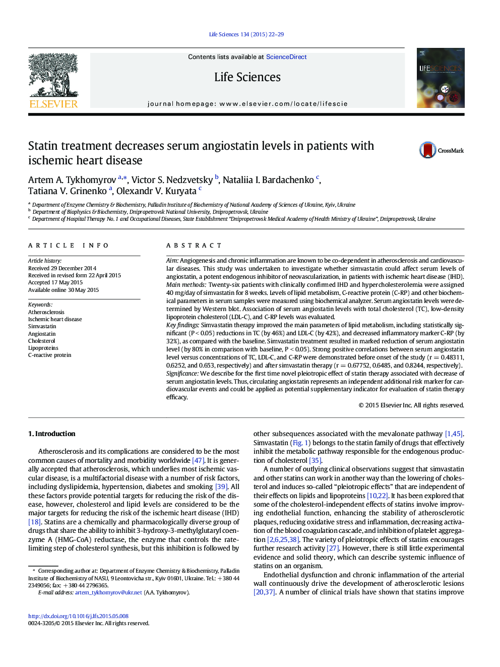 Statin treatment decreases serum angiostatin levels in patients with ischemic heart disease