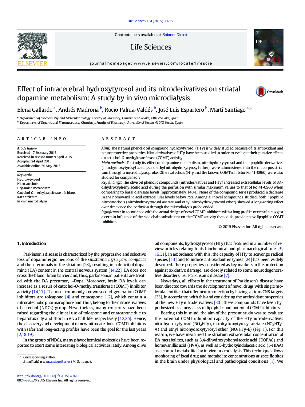 Effect of intracerebral hydroxytyrosol and its nitroderivatives on striatal dopamine metabolism: A study by in vivo microdialysis