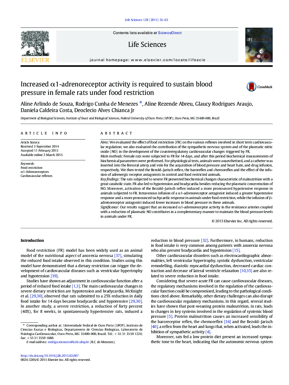 Increased α1-adrenoreceptor activity is required to sustain blood pressure in female rats under food restriction