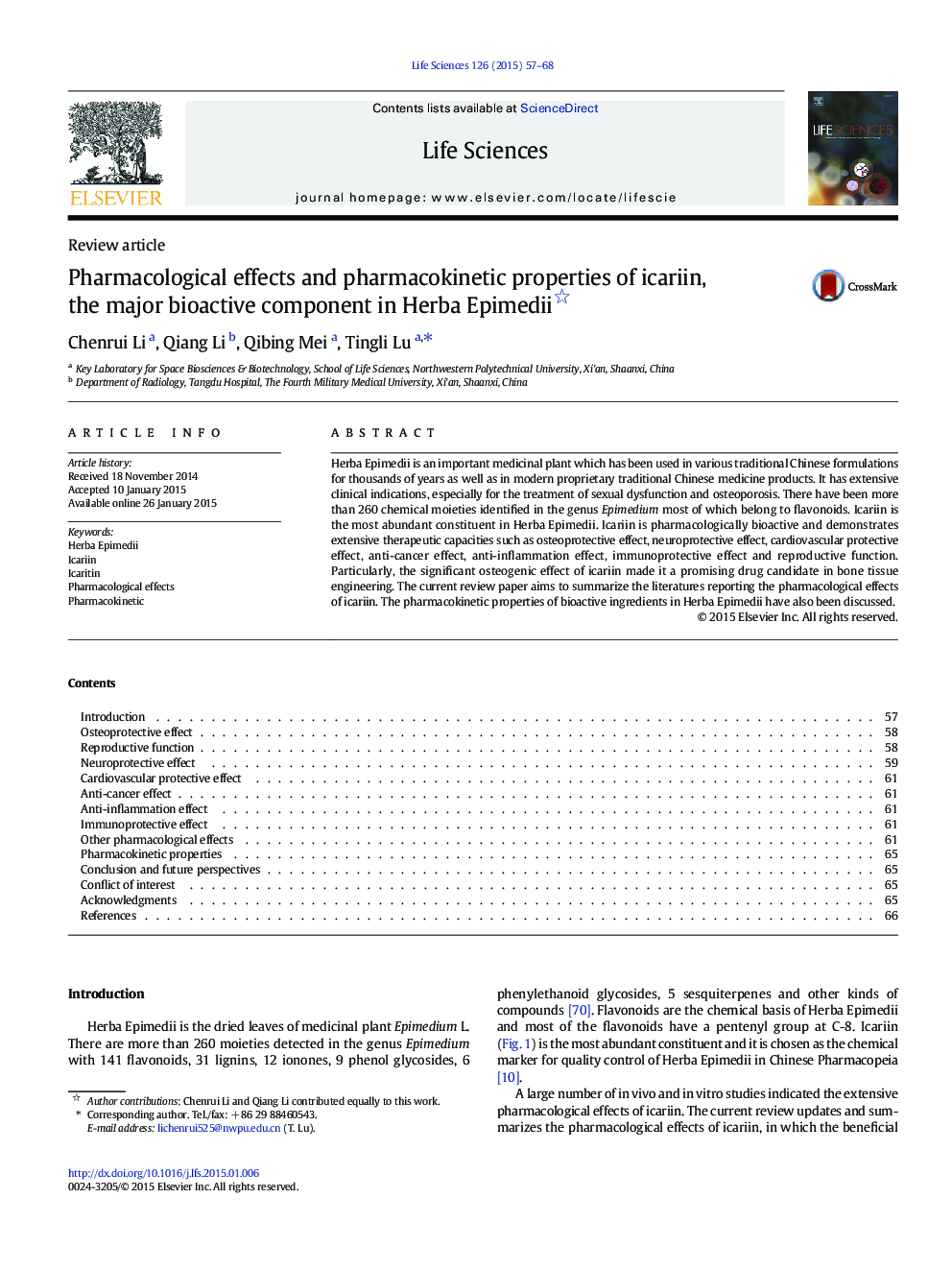 Pharmacological effects and pharmacokinetic properties of icariin, the major bioactive component in Herba Epimedii 