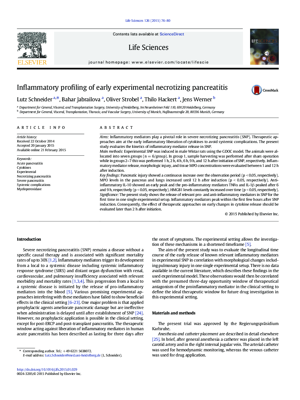 Inflammatory profiling of early experimental necrotizing pancreatitis