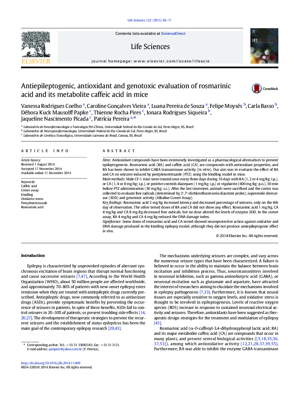 Antiepileptogenic, antioxidant and genotoxic evaluation of rosmarinic acid and its metabolite caffeic acid in mice
