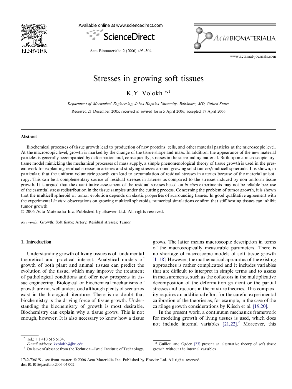عکس صفحه اول مقاله: Stresses in growing soft tissues Stresses in growing soft tissues