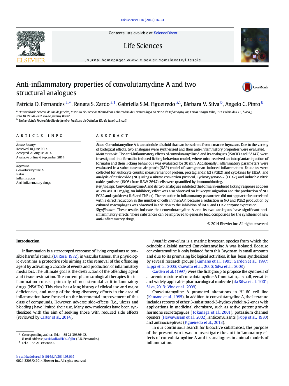 عکس صفحه اول مقاله: Anti-inflammatory properties of convolutamydine A and two structural analogues Anti-inflammatory properties of convolutamydine A and two structural analogues