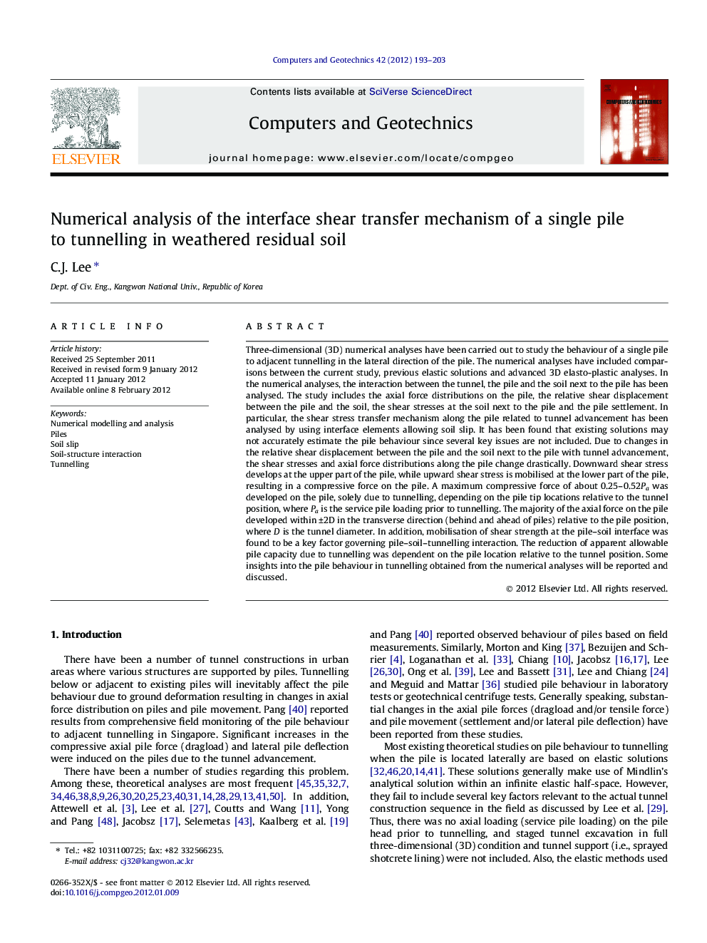 Numerical analysis of the interface shear transfer mechanism of a single pile to tunnelling in weathered residual soil