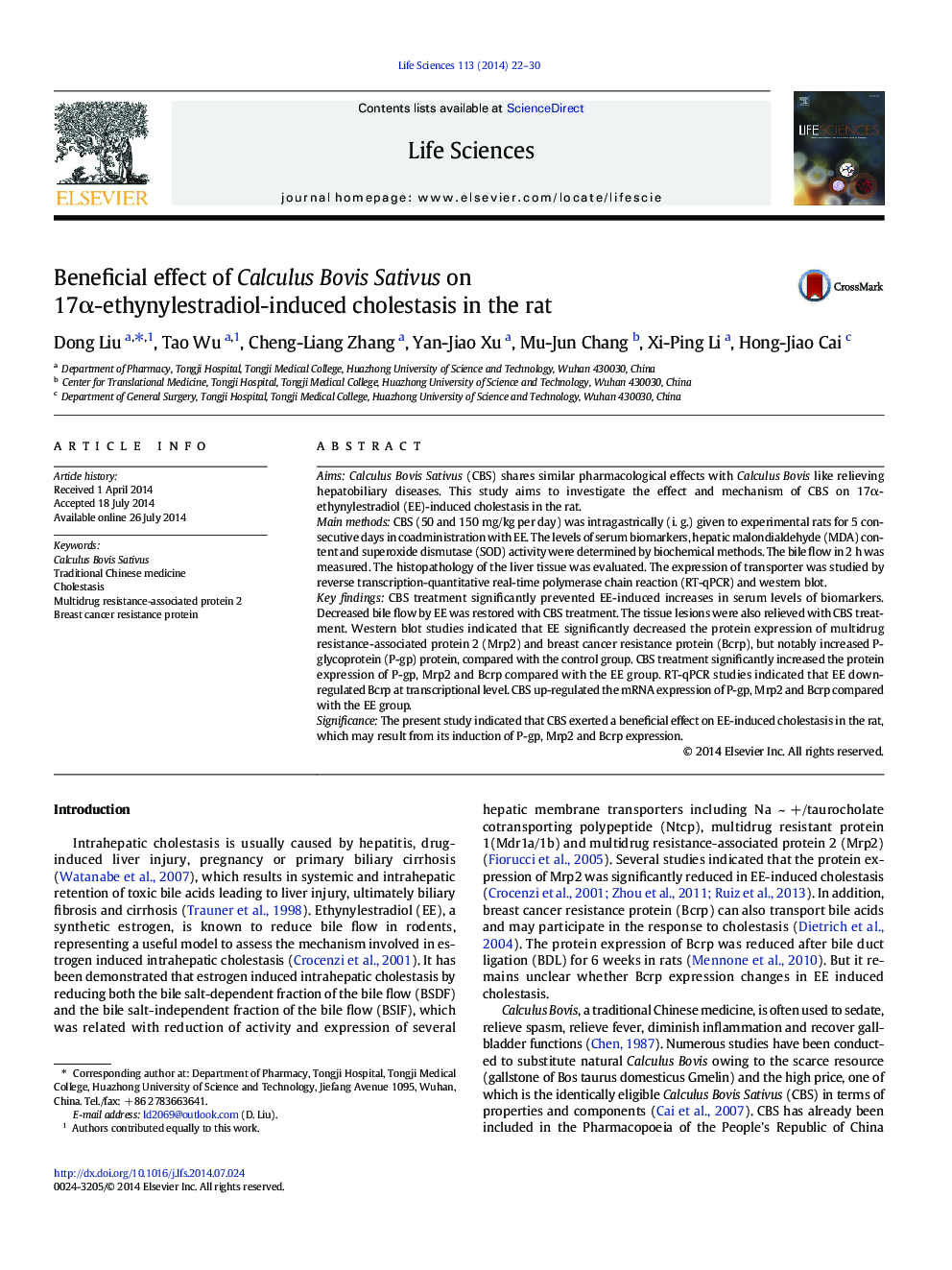 Beneficial effect of Calculus Bovis Sativus on 17α-ethynylestradiol-induced cholestasis in the rat