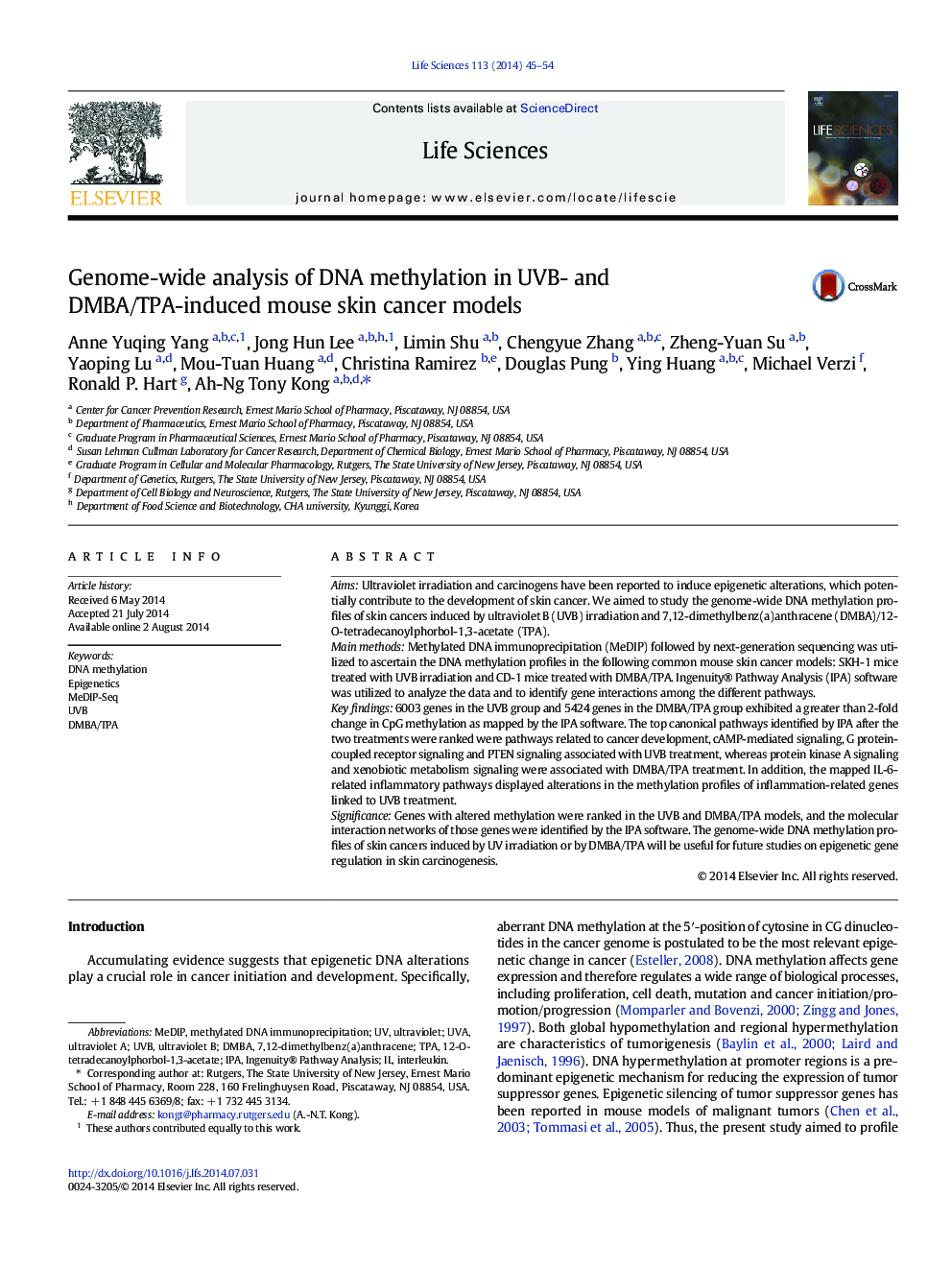 Genome-wide analysis of DNA methylation in UVB- and DMBA/TPA-induced mouse skin cancer models