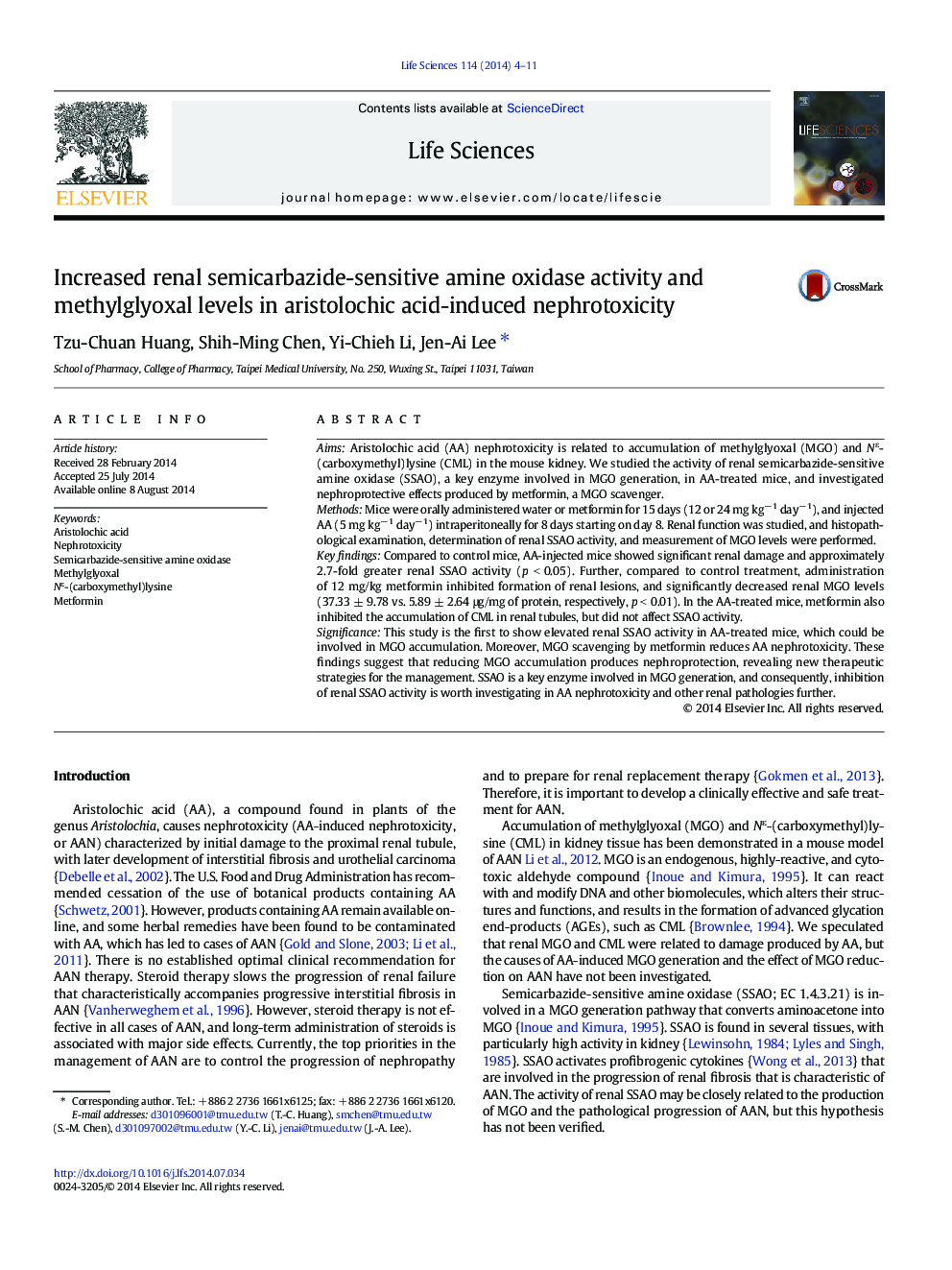 Increased renal semicarbazide-sensitive amine oxidase activity and methylglyoxal levels in aristolochic acid-induced nephrotoxicity