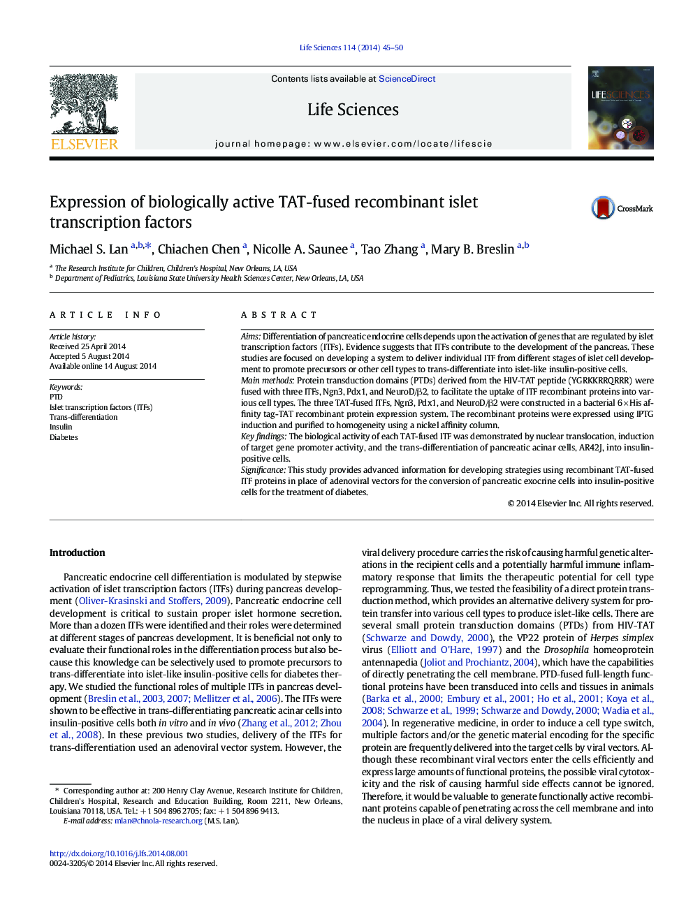 Expression of biologically active TAT-fused recombinant islet transcription factors