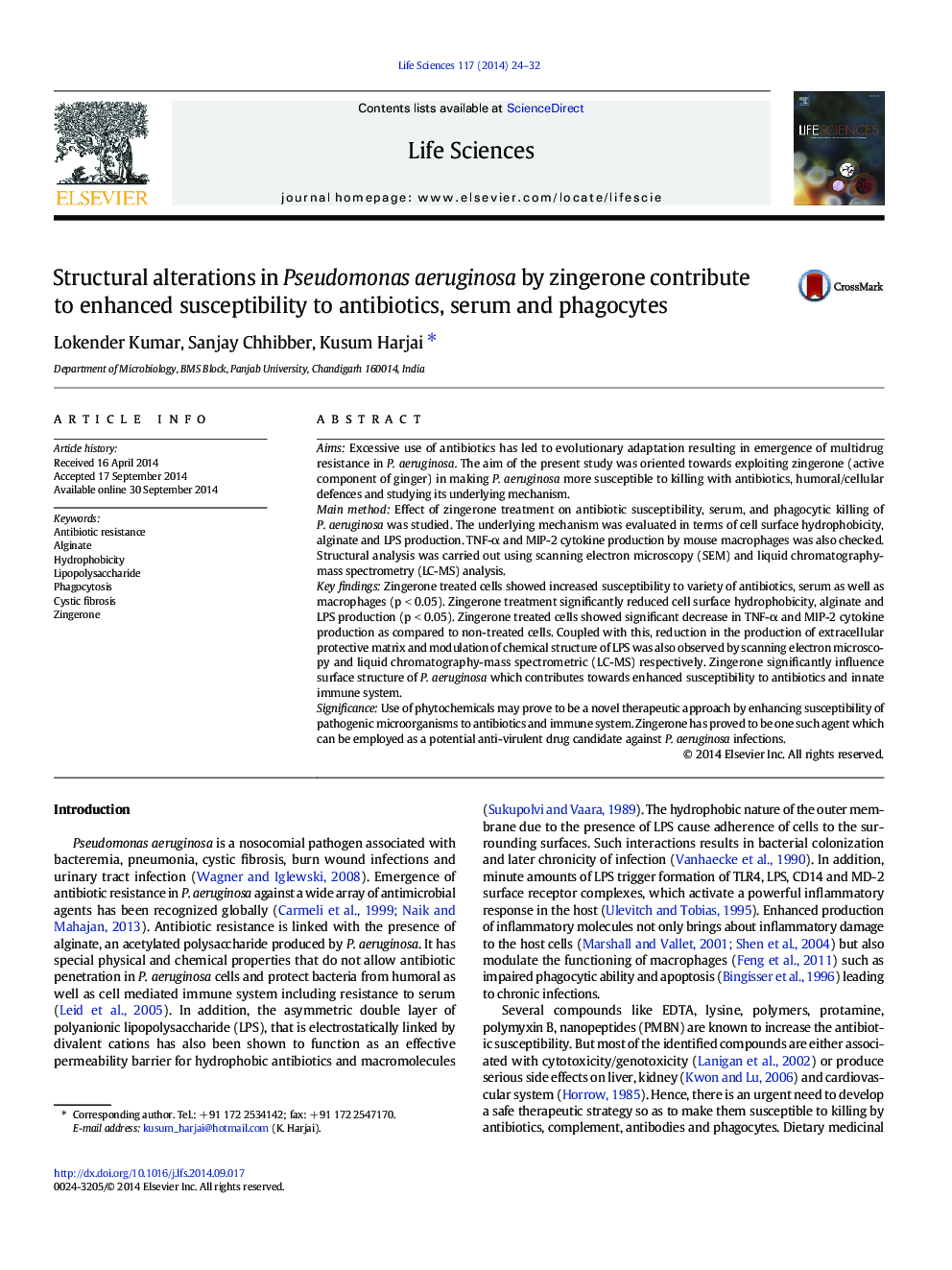 Structural alterations in Pseudomonas aeruginosa by zingerone contribute to enhanced susceptibility to antibiotics, serum and phagocytes