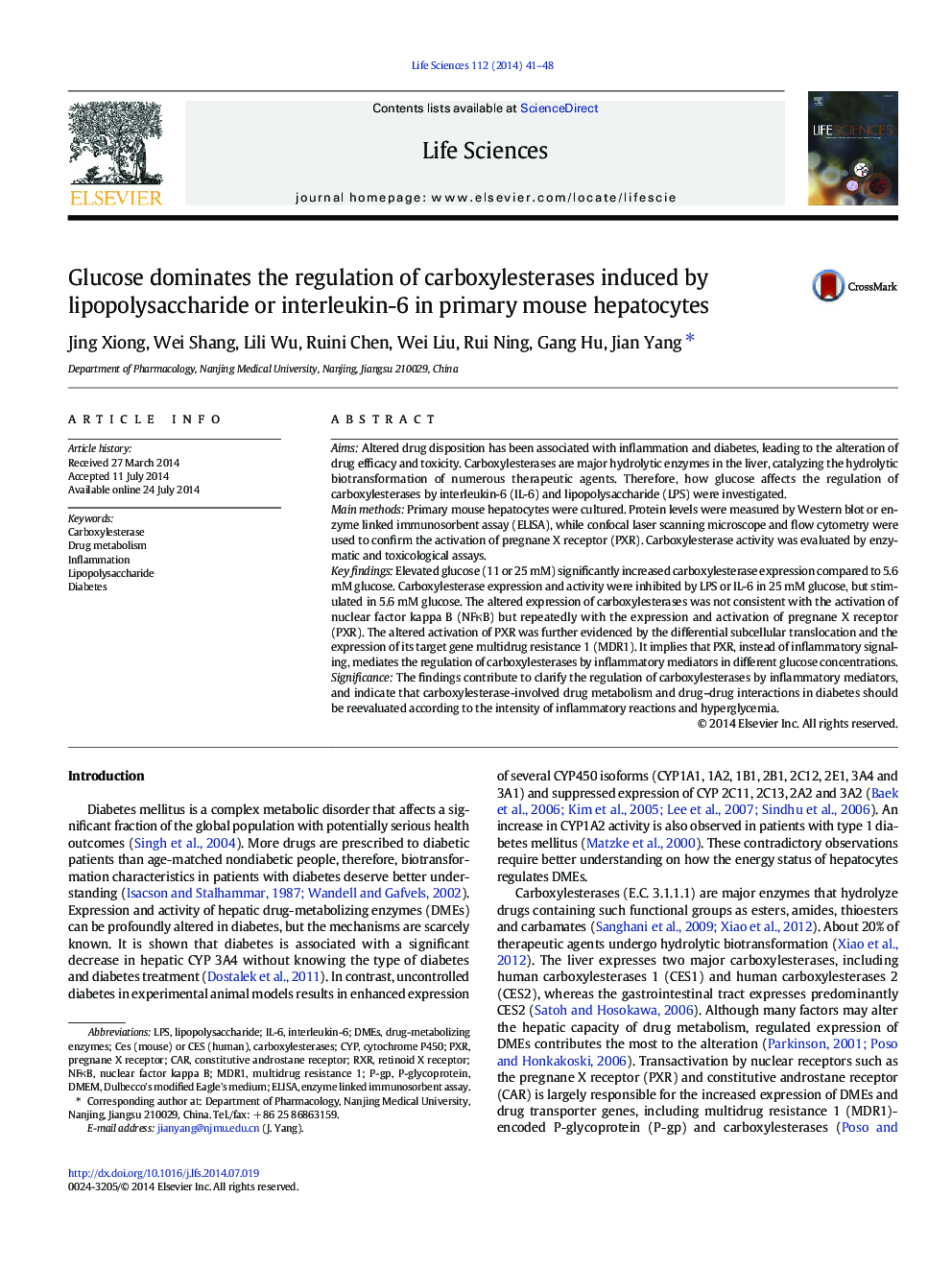 گلوکز تنظیم مقررات کربوکسی سسترااز ناشی از لیپوپلی ساکارید یا اینترلوکین -6 در هپاتوسیت های موش اولیه 