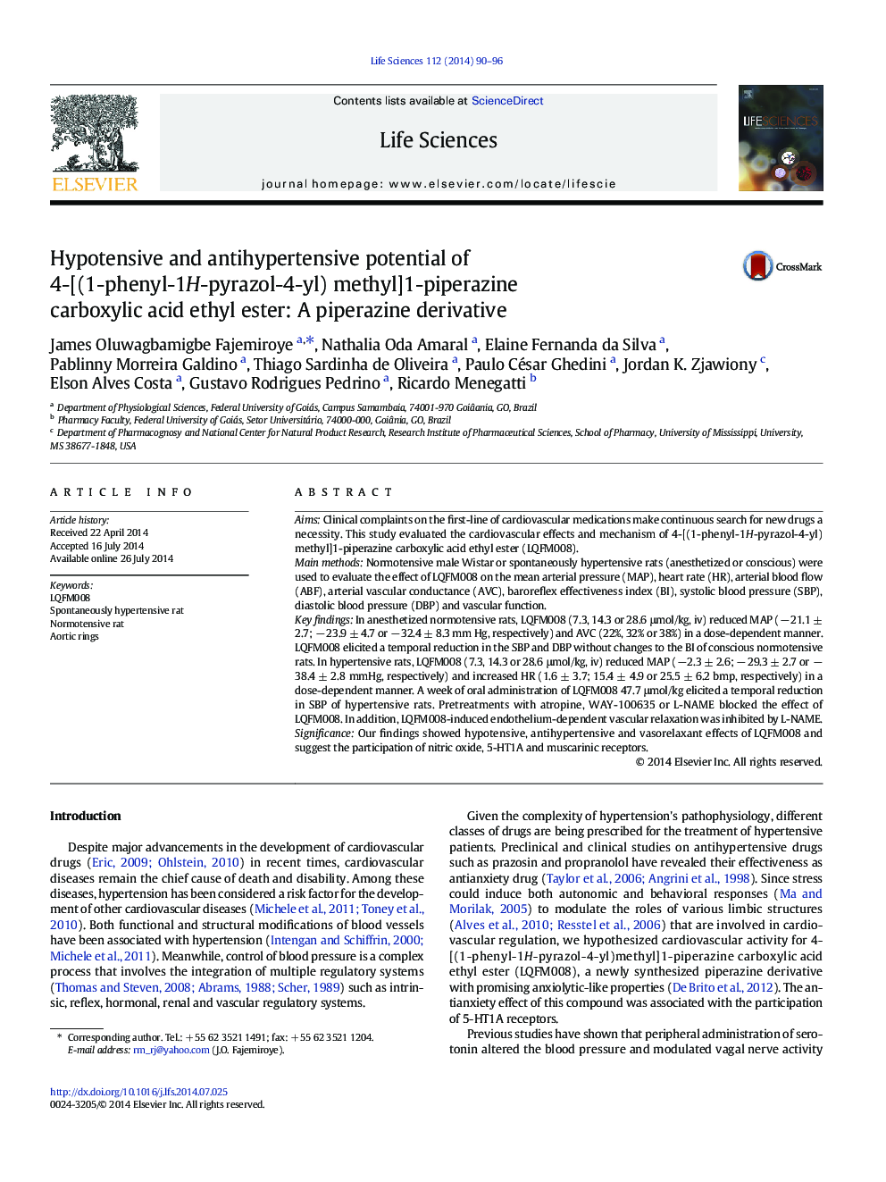 Hypotensive and antihypertensive potential of 4-[(1-phenyl-1H-pyrazol-4-yl) methyl]1-piperazine carboxylic acid ethyl ester: A piperazine derivative