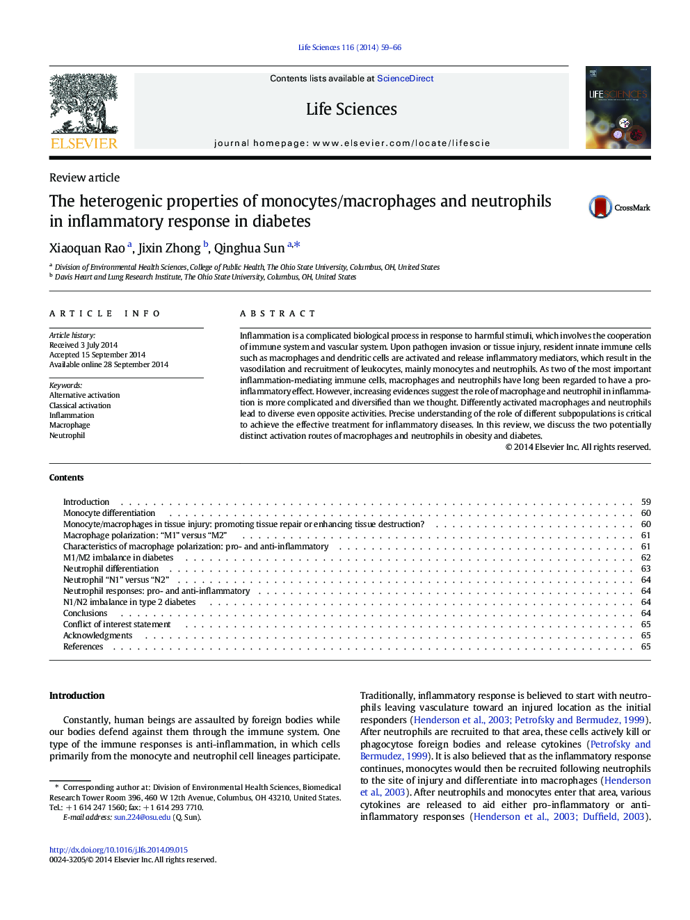 The heterogenic properties of monocytes/macrophages and neutrophils in inflammatory response in diabetes