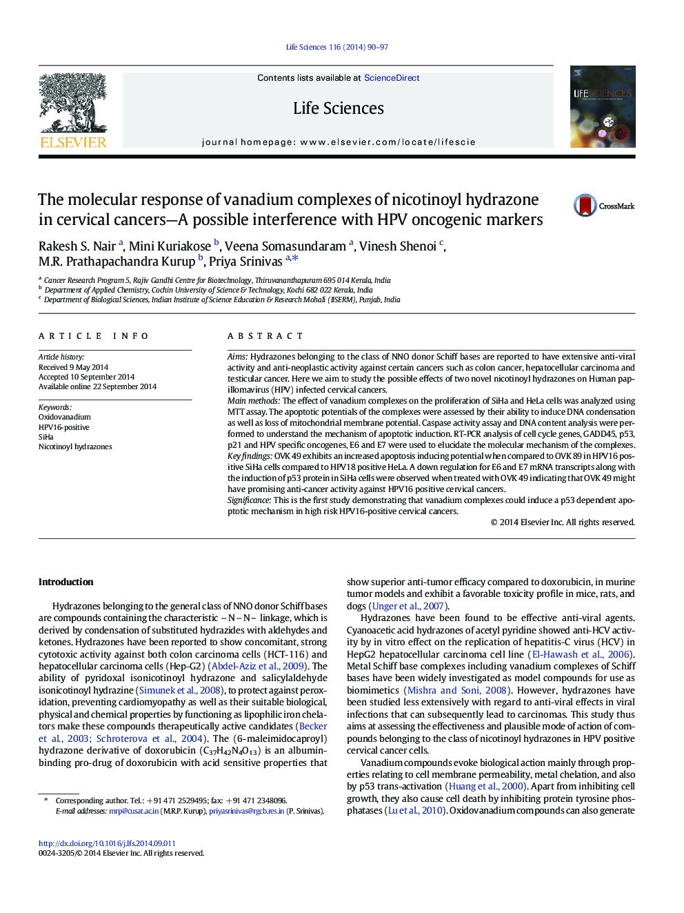 عکس صفحه اول مقاله: The molecular response of vanadium complexes of nicotinoyl hydrazone in cervical cancers—A possible interference with HPV oncogenic markers The molecular response of vanadium complexes of nicotinoyl hydrazone in cervical cancers—A possible interference with HPV oncogenic markers