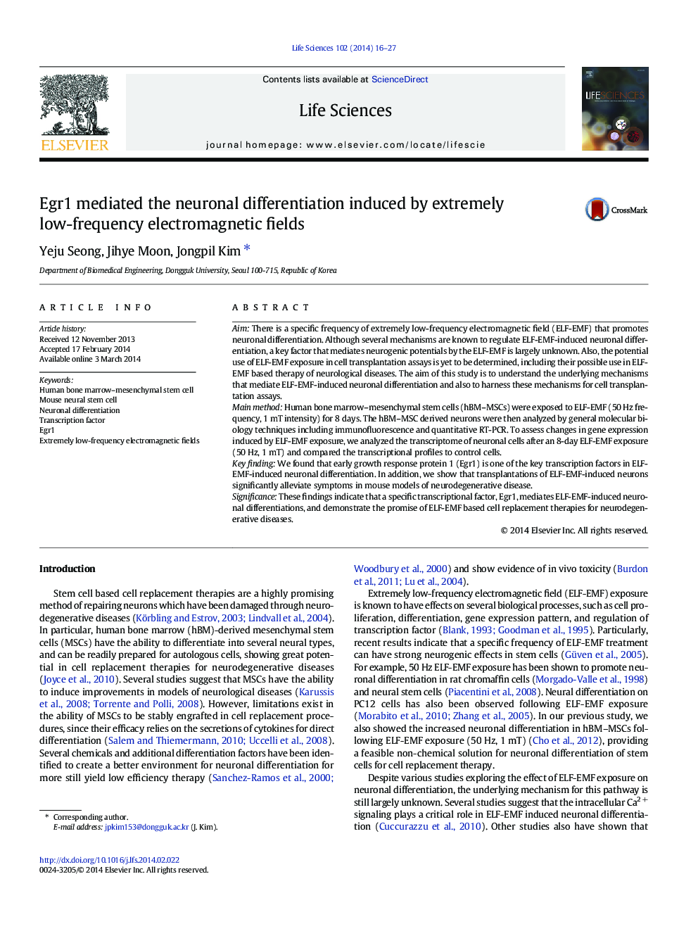 Egr1 mediated the neuronal differentiation induced by extremely low-frequency electromagnetic fields