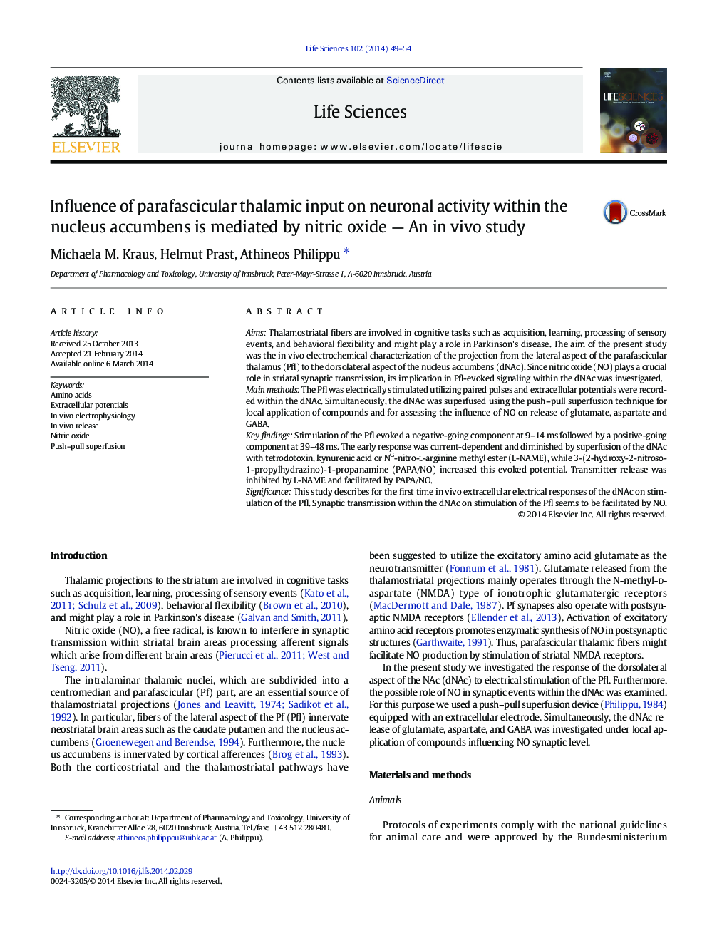 Influence of parafascicular thalamic input on neuronal activity within the nucleus accumbens is mediated by nitric oxide — An in vivo study