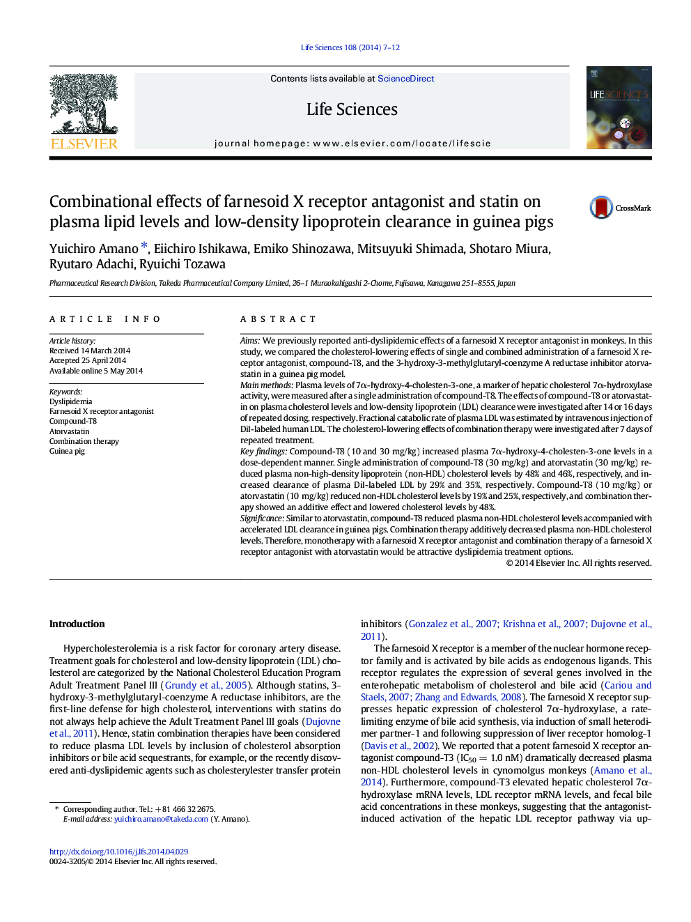 Combinational effects of farnesoid X receptor antagonist and statin on plasma lipid levels and low-density lipoprotein clearance in guinea pigs