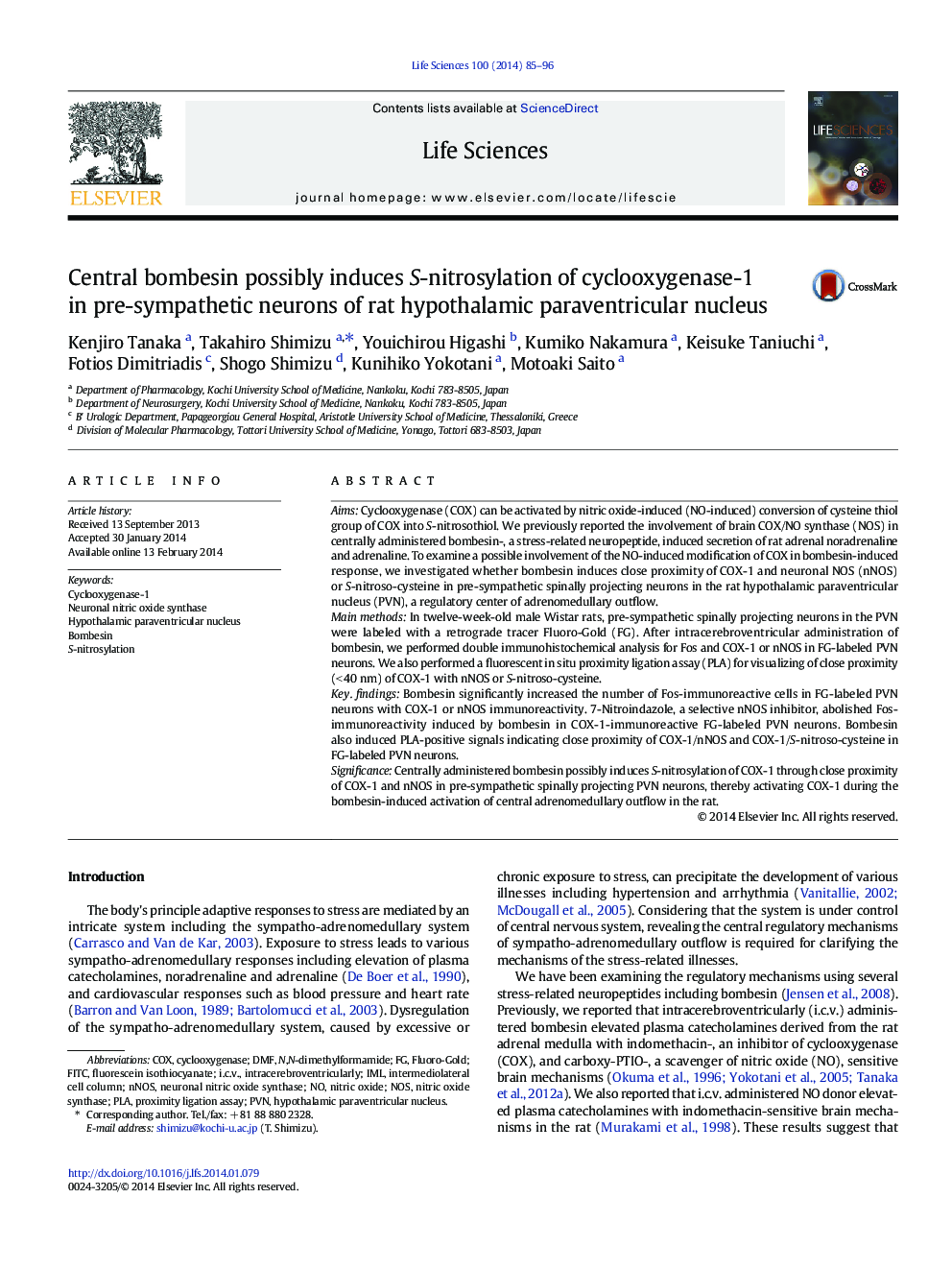 Central bombesin possibly induces S-nitrosylation of cyclooxygenase-1 in pre-sympathetic neurons of rat hypothalamic paraventricular nucleus