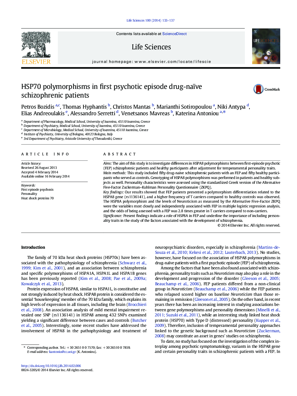 HSP70 polymorphisms in first psychotic episode drug-naïve schizophrenic patients