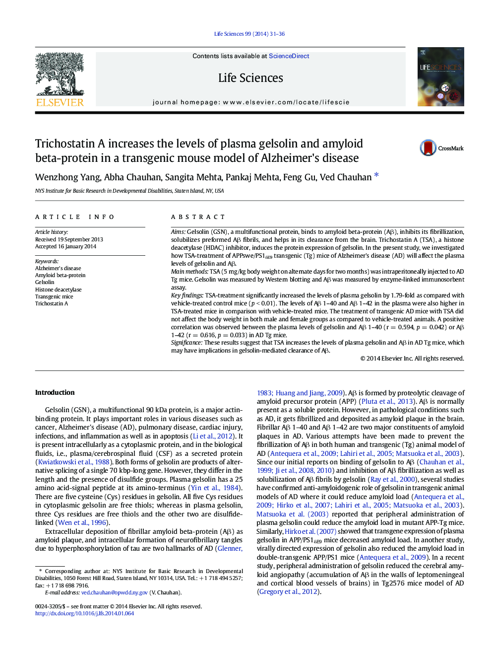 Trichostatin A increases the levels of plasma gelsolin and amyloid beta-protein in a transgenic mouse model of Alzheimer's disease