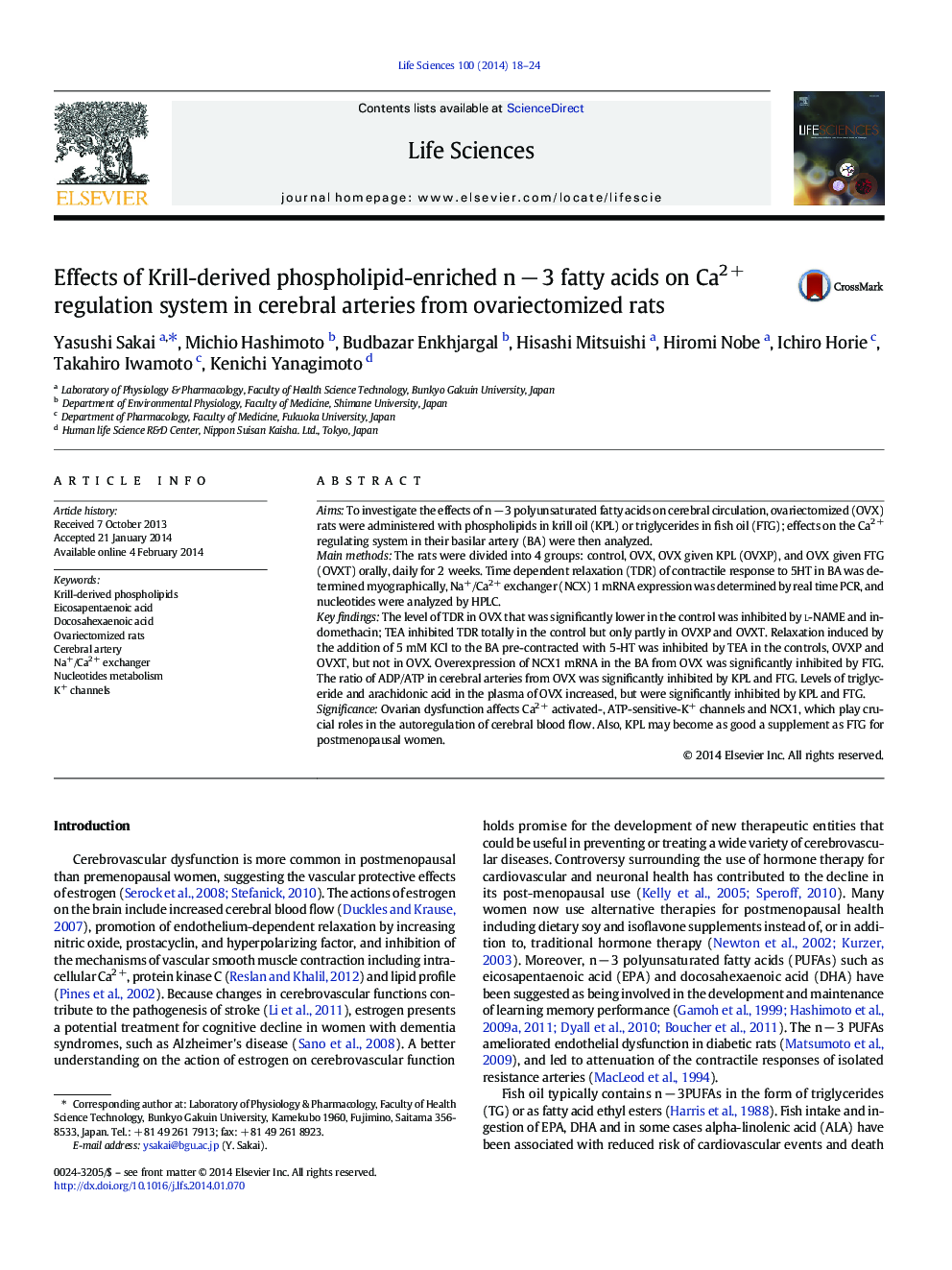 Effects of Krill-derived phospholipid-enriched n − 3 fatty acids on Ca2 + regulation system in cerebral arteries from ovariectomized rats