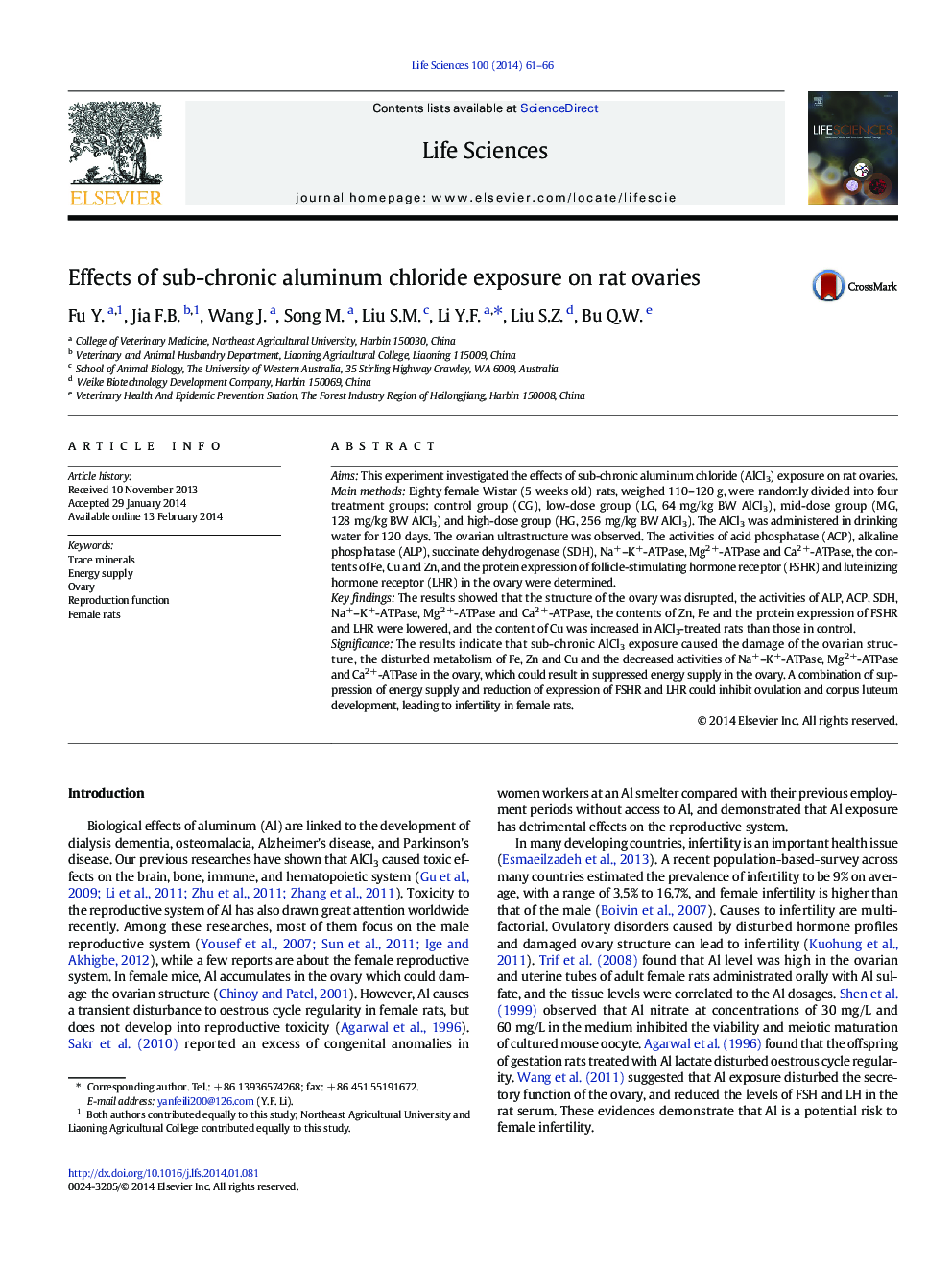 Effects of sub-chronic aluminum chloride exposure on rat ovaries