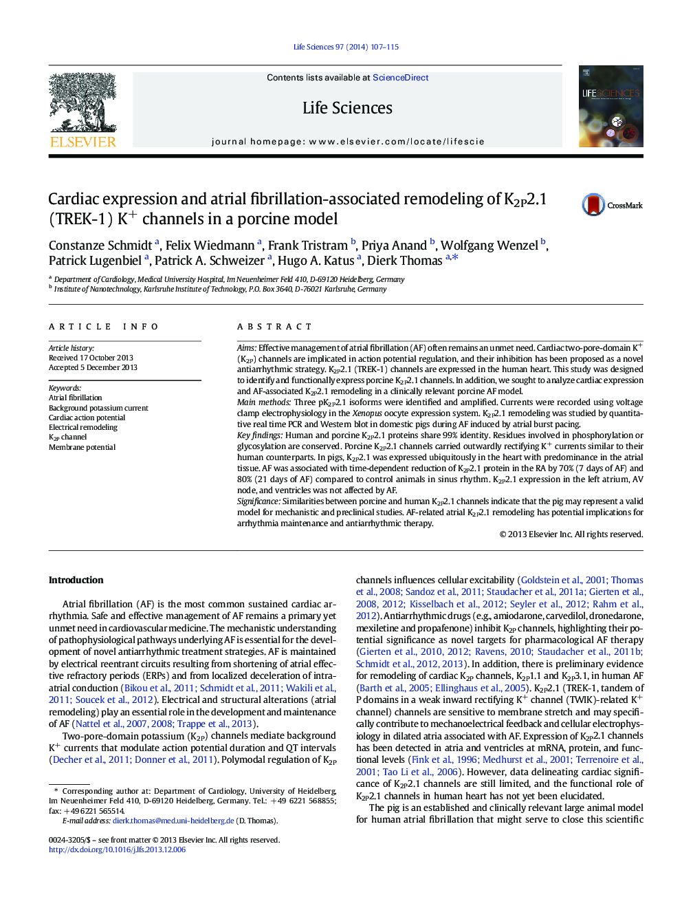 Cardiac expression and atrial fibrillation-associated remodeling of K2P2.1 (TREK-1) K+ channels in a porcine model