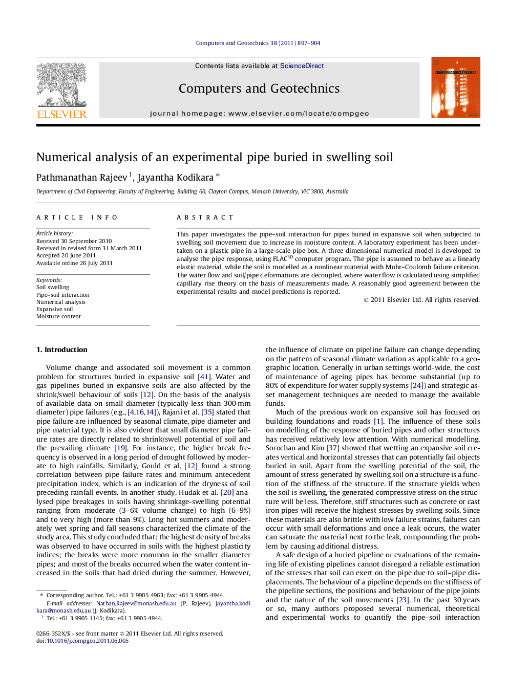 Numerical analysis of an experimental pipe buried in swelling soil