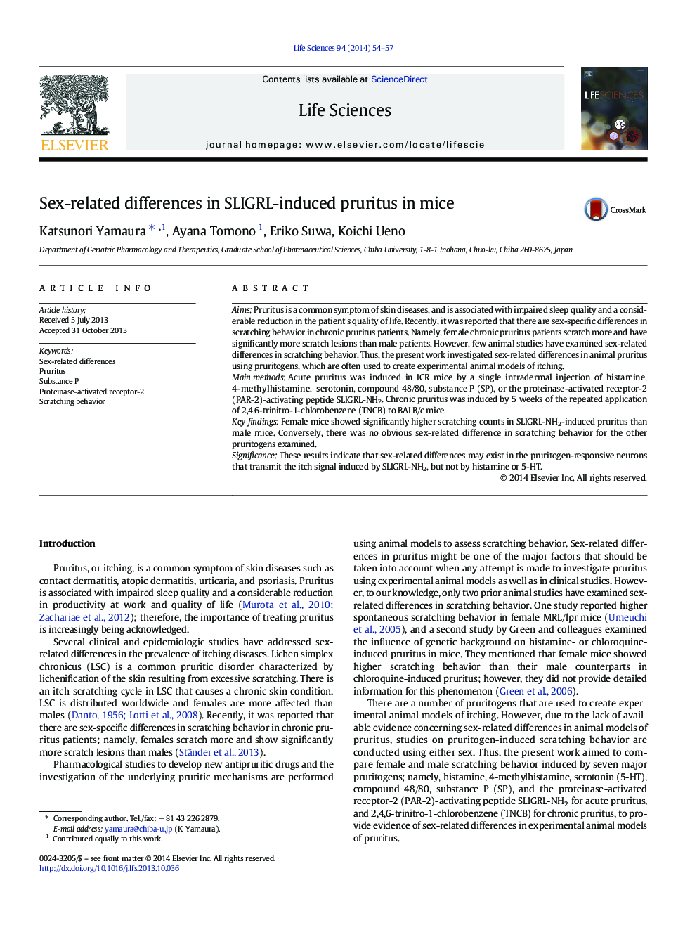 Sex-related differences in SLIGRL-induced pruritus in mice