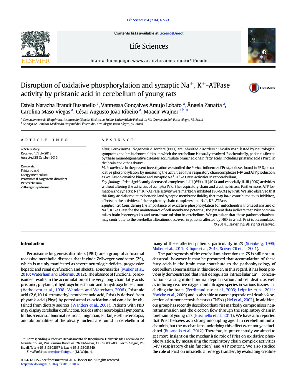 Disruption of oxidative phosphorylation and synaptic Na+, K+-ATPase activity by pristanic acid in cerebellum of young rats