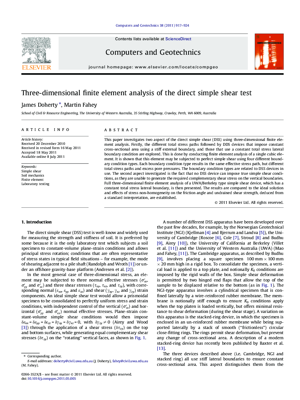 Three-dimensional finite element analysis of the direct simple shear test