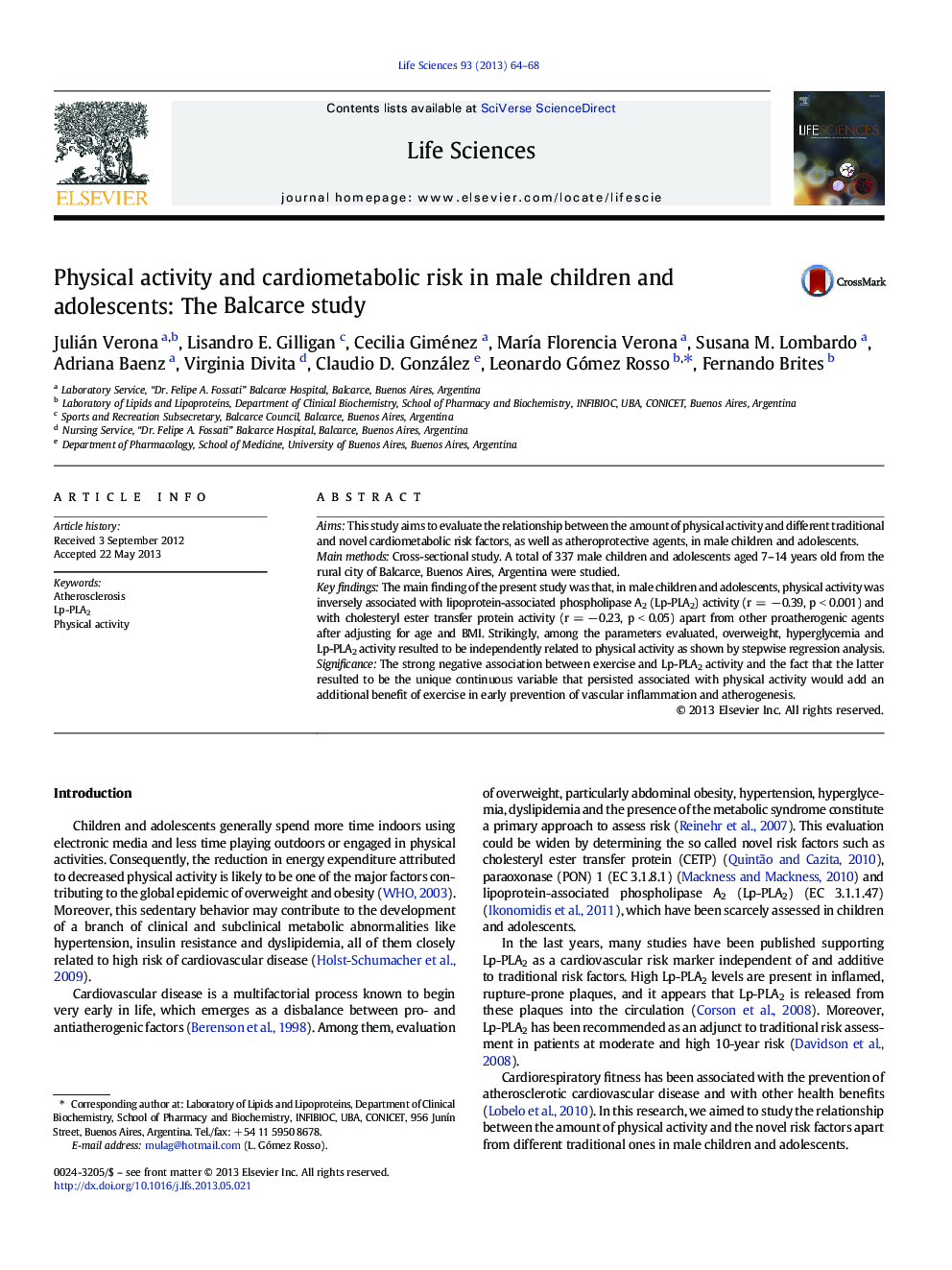 Physical activity and cardiometabolic risk in male children and adolescents: The Balcarce study