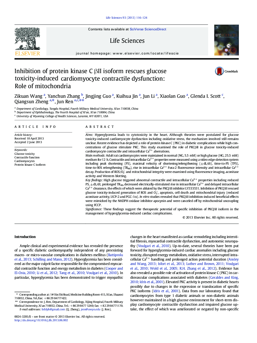 Inhibition of protein kinase C βII isoform rescues glucose toxicity-induced cardiomyocyte contractile dysfunction: Role of mitochondria