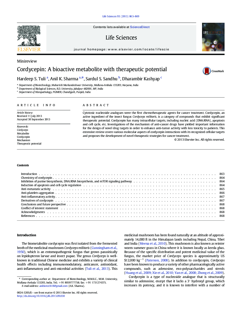 Cordycepin: A bioactive metabolite with therapeutic potential