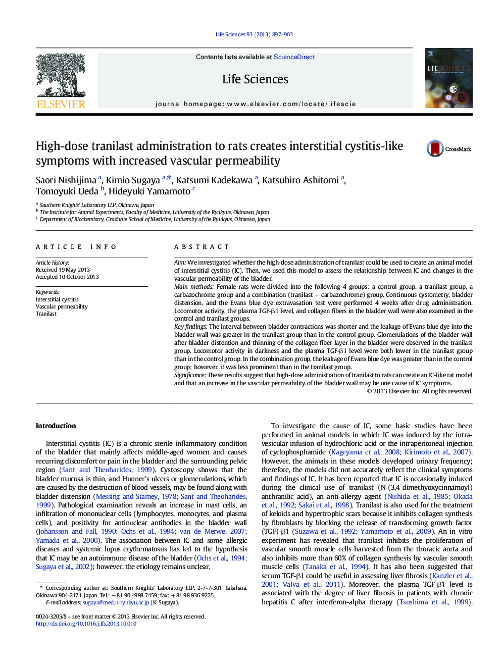 High-dose tranilast administration to rats creates interstitial cystitis-like symptoms with increased vascular permeability