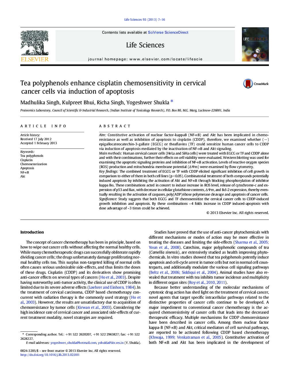 Tea polyphenols enhance cisplatin chemosensitivity in cervical cancer cells via induction of apoptosis