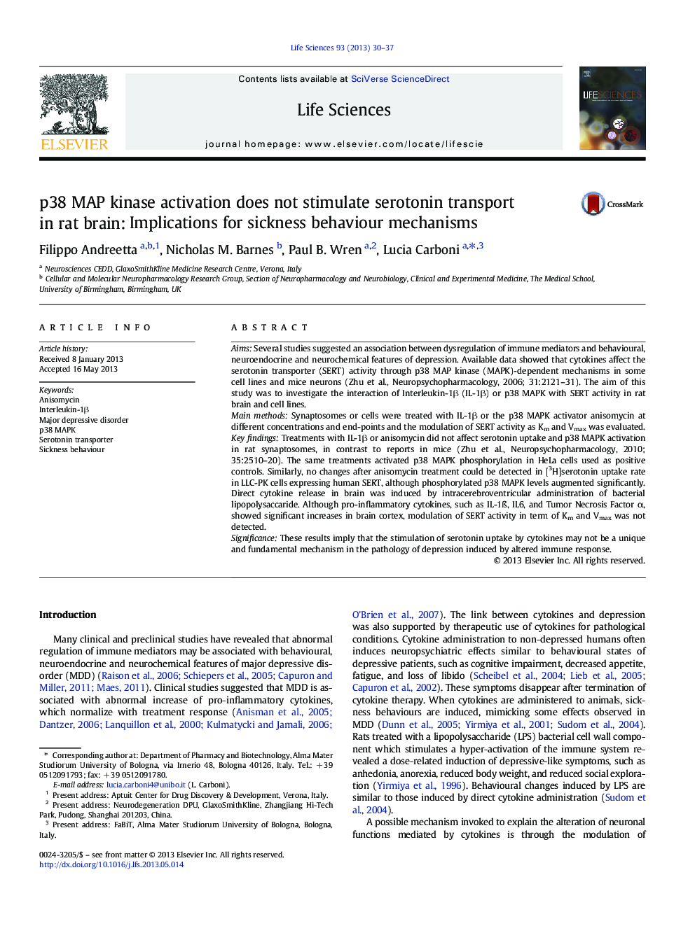 p38 MAP kinase activation does not stimulate serotonin transport in rat brain: Implications for sickness behaviour mechanisms