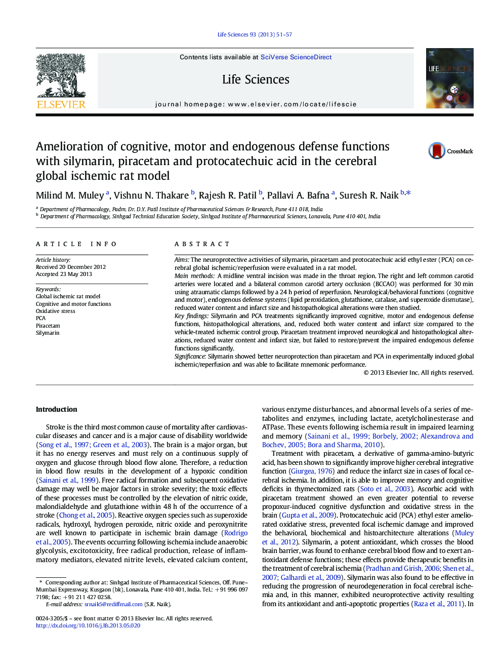 Amelioration of cognitive, motor and endogenous defense functions with silymarin, piracetam and protocatechuic acid in the cerebral global ischemic rat model