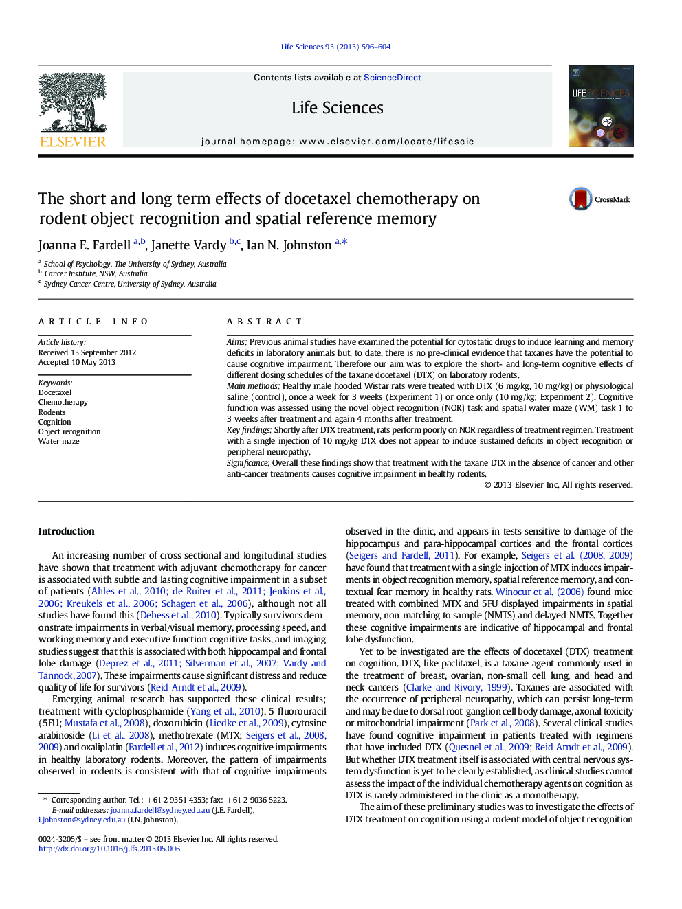 The short and long term effects of docetaxel chemotherapy on rodent object recognition and spatial reference memory