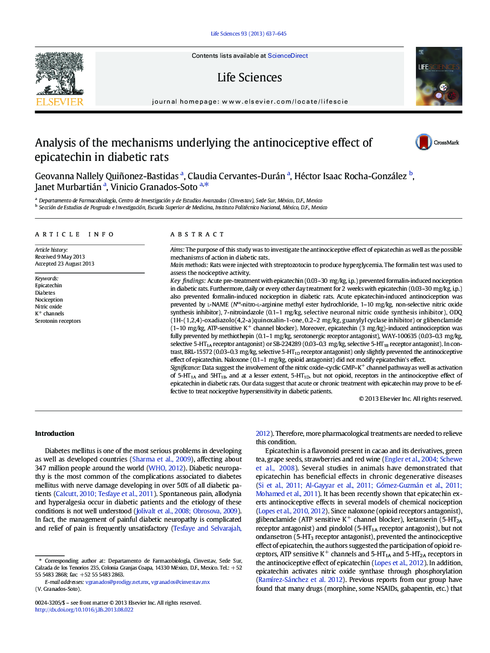 Analysis of the mechanisms underlying the antinociceptive effect of epicatechin in diabetic rats