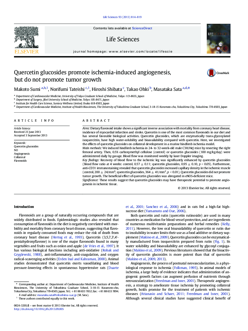 Quercetin glucosides promote ischemia-induced angiogenesis, but do not promote tumor growth