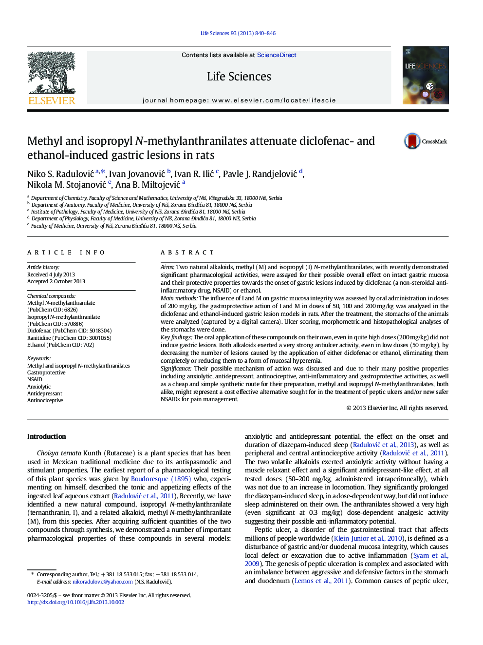 Methyl and isopropyl N-methylanthranilates attenuate diclofenac- and ethanol-induced gastric lesions in rats