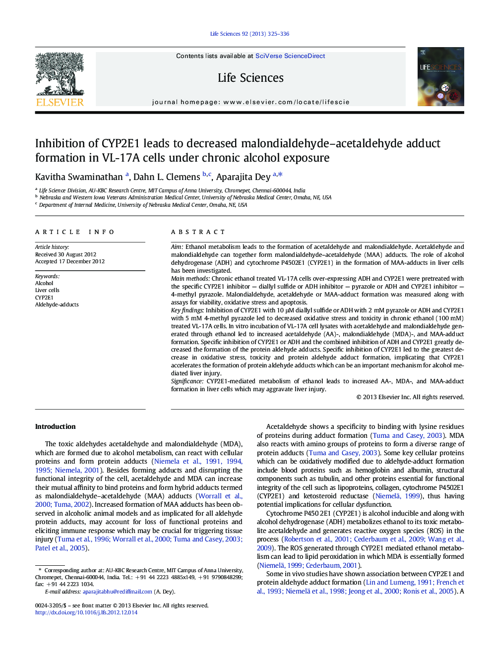 Inhibition of CYP2E1 leads to decreased malondialdehyde–acetaldehyde adduct formation in VL-17A cells under chronic alcohol exposure