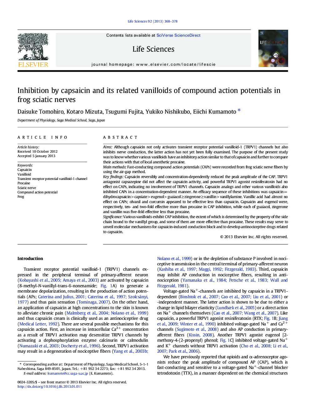 Inhibition by capsaicin and its related vanilloids of compound action potentials in frog sciatic nerves