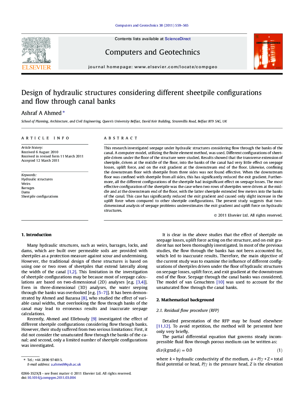 Design of hydraulic structures considering different sheetpile configurations and flow through canal banks