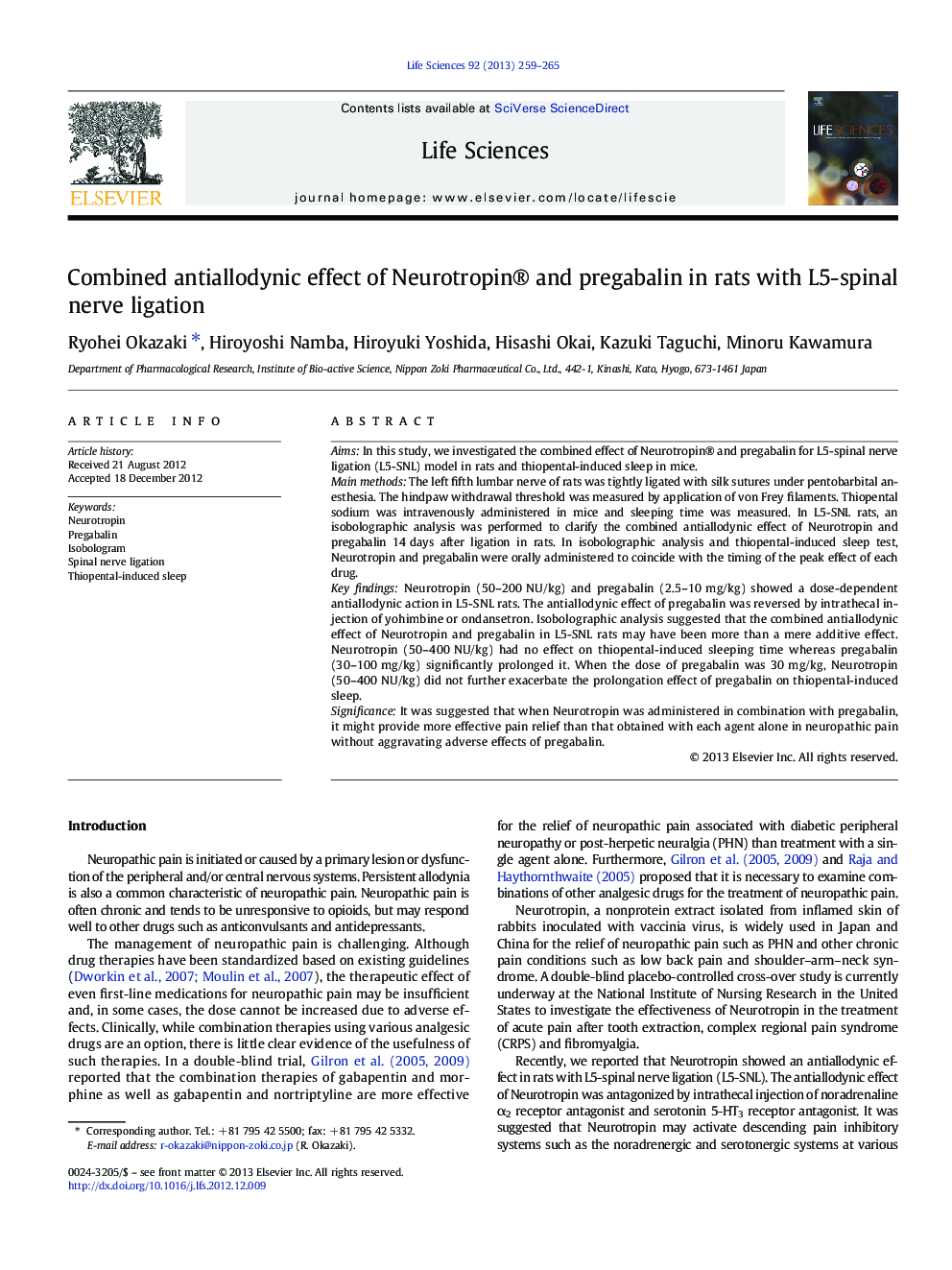 Combined antiallodynic effect of Neurotropin® and pregabalin in rats with L5-spinal nerve ligation