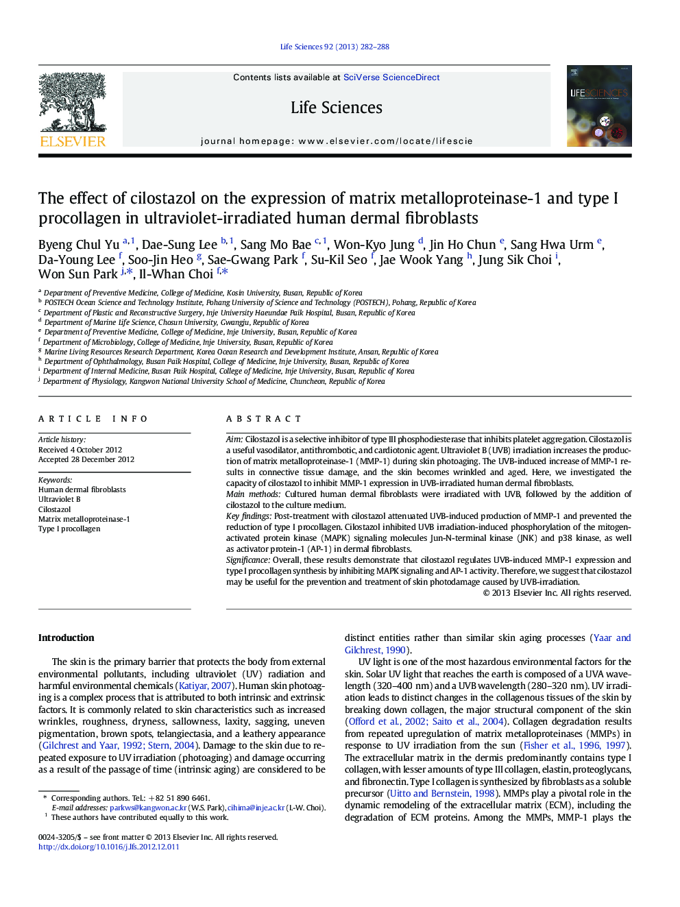 The effect of cilostazol on the expression of matrix metalloproteinase-1 and type I procollagen in ultraviolet-irradiated human dermal fibroblasts