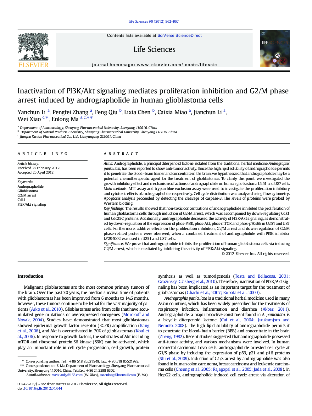 Inactivation of PI3K/Akt signaling mediates proliferation inhibition and G2/M phase arrest induced by andrographolide in human glioblastoma cells